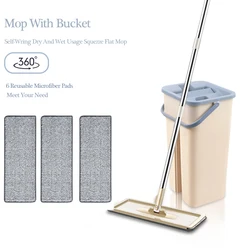 Mop Bucket Wringer Set Flat Floor Mop Bucket Squeeze Floor Mop 6 Washable Microfiber Pad Wet and Dry Use Household Cleaning Tool