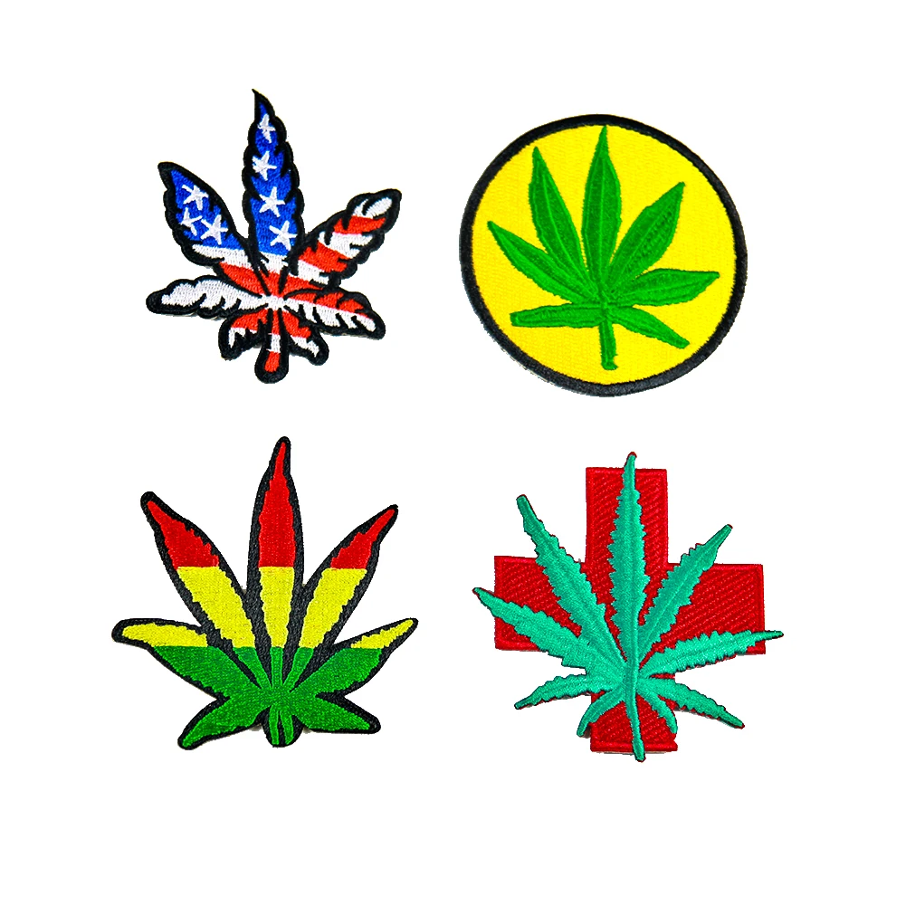

New Seven Leaf Turf Type 4 National Badge Turf Embroidery Ironing Patches on Clothing Plant Badge Hemp Leaf Sticker 2Pcs/lot