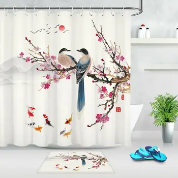 

Chinese Style Red Plum Magpie Fabric Shower Curtain Set Bathroom Decor Hooks