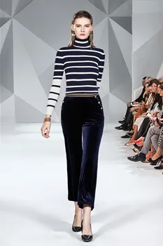 

Work Pant Suits OL 2 Piece Set Women Slim Knitted Stripe Turtleneck Long Sleeve Pullover Sweater + Wide Leg Pants Set Two-Piece