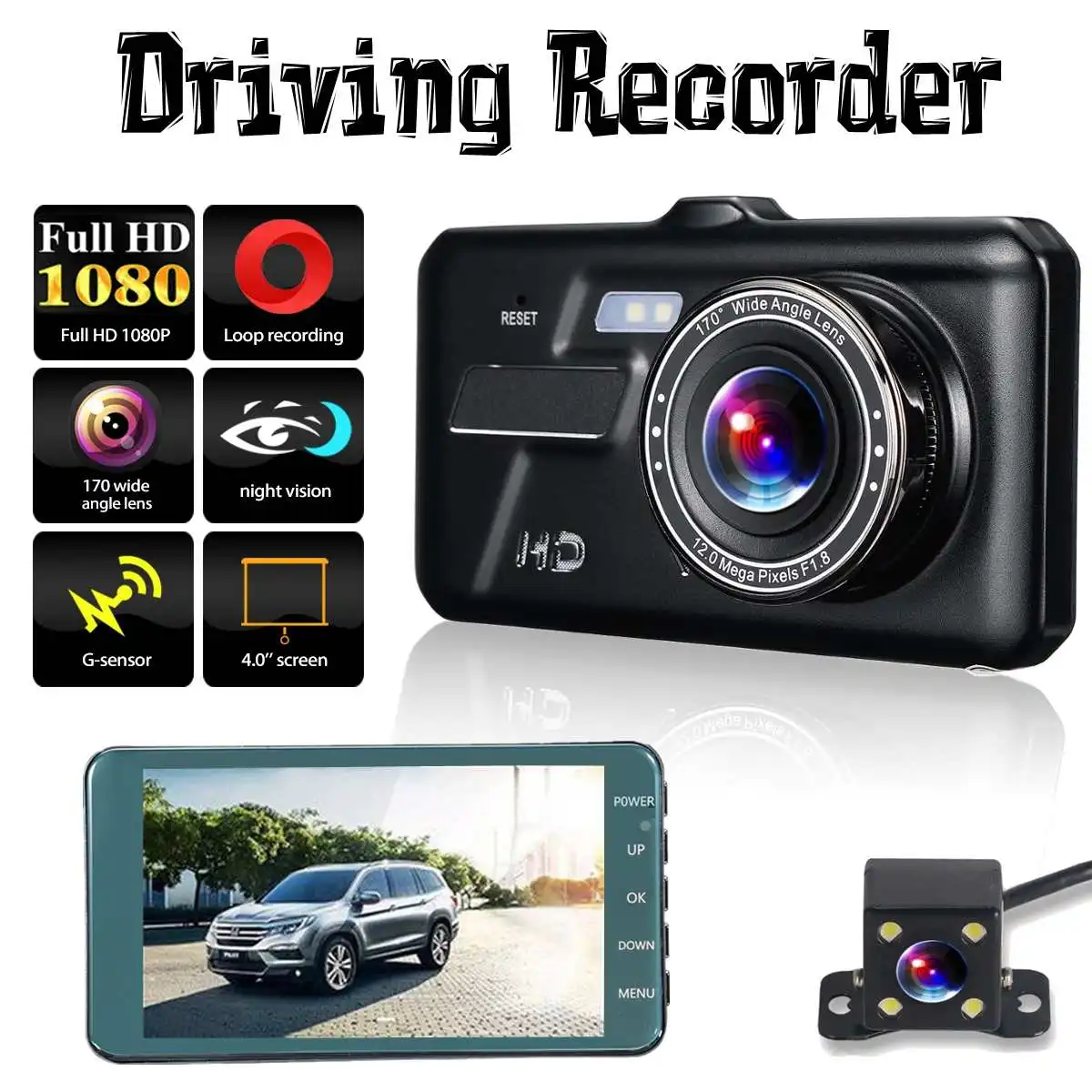  KROAK 1080P 4 zoll FHD Auto DVR Schwarz Dashboard Nachtsicht Kamera Video Recorder Loop Recording M