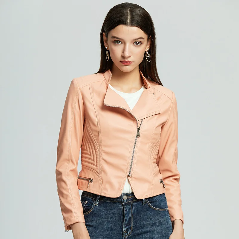 

Solid Short Women Faux Leather Jacket Slim V Neck Winter Jacket Moto Biker Autumn Zipper Motorcycle PU Leather Coat