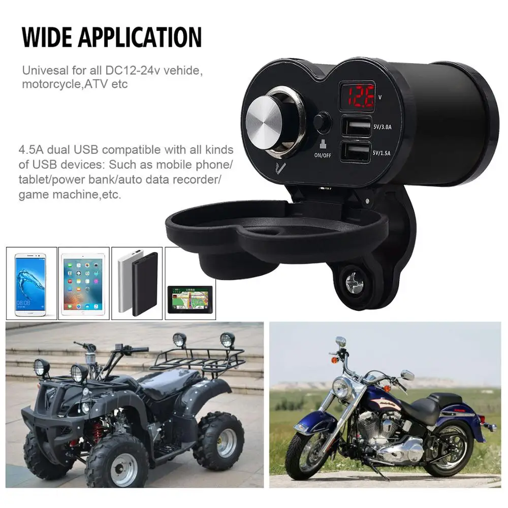 Водонепроницаемый мотоцикл двойной USB многофункциональный мобильный телефон зарядное устройство двойной USB(с Вольтметр)(с сигаретной прикладом) для ATV