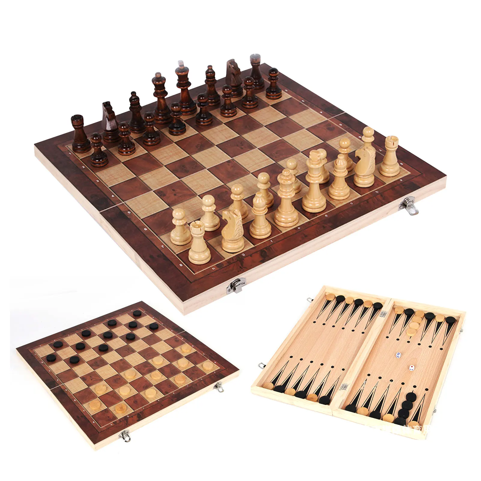 New 3 In 1 Folding Wooden Chess Board Game Portable Backgammon Checkers Game 39x39cm