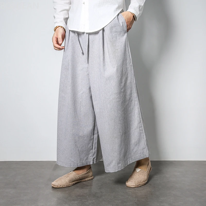 

BONJEAN Strange Things Chinese Style Flax Loose Size Striped Wide-legged Men in Summer 2019 skirts and pants men pants