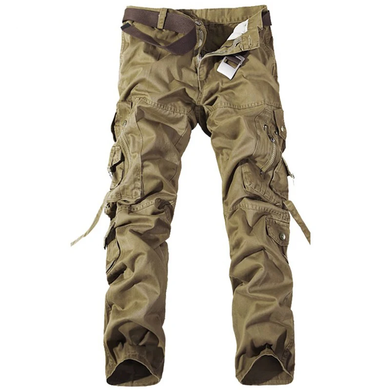 Khaki Модные многокарманные однотонные мужские военные брюки, мужские брюки, комбинезоны, повседневные мешковатые армейские брюки карго, мужские размера плюс 42 - Цвет: Khaki