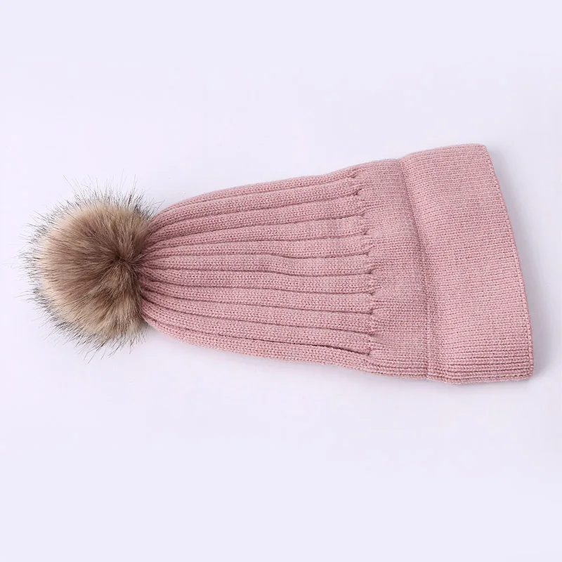 Зимняя Вязаная Шапка-бини с помпоном из искусственного меха для женщин, зимняя уличная теплая вязаная шерстяная шапка, модная одноцветная Лыжная шапка