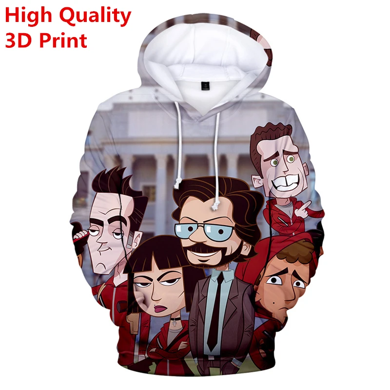 

2019 New 3d Hoodies Pullovers Men Hoodies and Sweatshirt Money Heist Cartoon Design Printed Hoodie Male Streetwear House Paper