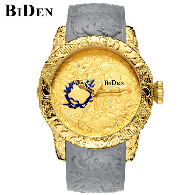 Новая мода Скульптура Дракон Мужские кварцевые часы бренд BIDEN Золотые механические часы для мужчин изысканный рельеф Креативные Часы Relogio - Цвет: QUARTZ GOLD