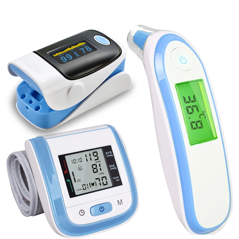 3 комплекта ухо/лоб инфракрасный термометр+ монитор артериального давления на руку+ Пальчиковый Пульсоксиметр Сфигмоманометр забота о здоровье для родителей