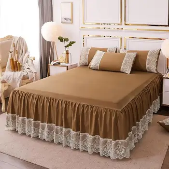 

1/3ps Bed Set Solid Color Lace Bed Skirt Comfortable Non-slip Bed Cover Sheet All-inclusive Fitted Sheet Dust Cover Pillowcase
