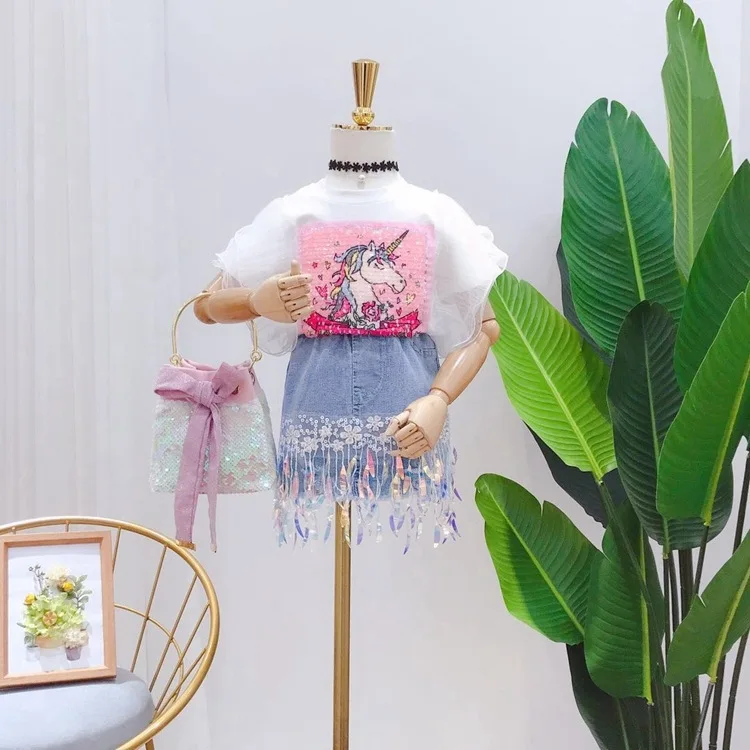 Baby Unicorn Summer Sets Kids Tops Denim Skirt Suits White Sequined Lace T Shirt Fringed Fashion Girls Clothing | Детская одежда и