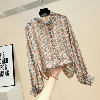 

Summer Print Blouse Girls Ladies All-match Tops New Lantern Sleeve Floral Chiffon Shirt Women's Streetwear Sunscreen Shirt Top