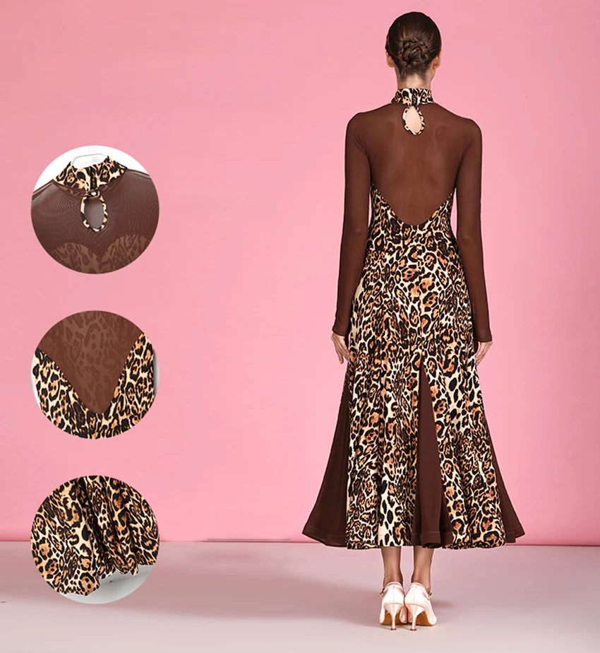 Leopard long sleeve Ballroom Dance Dress Practice Clothes Modern dance one piece group clothes Flamenco rumba Samba waltz dress