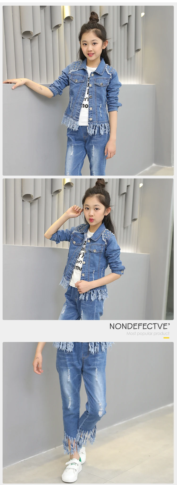 Fashion Tassel Design 2 Piece 3 Year Old Girl Outfits Long Sleeve Denim Girls Fall Clothing Sets