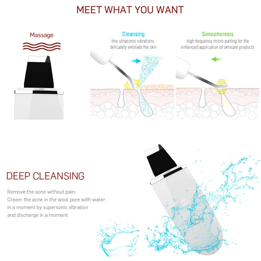  Ultrasonic Vibration Blue Light Ion Skin Scrubber Wireless Blackhead Remover Pore Cleaner Face Lift
