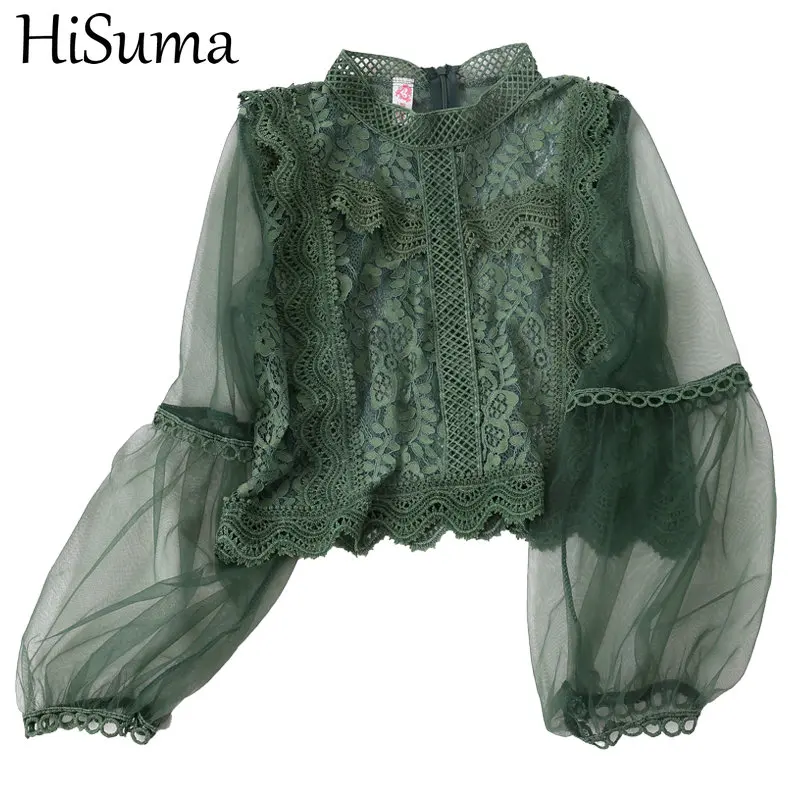 Женская летняя сетчатая блузка с рукавами фонариками Базовая рубашка оборками