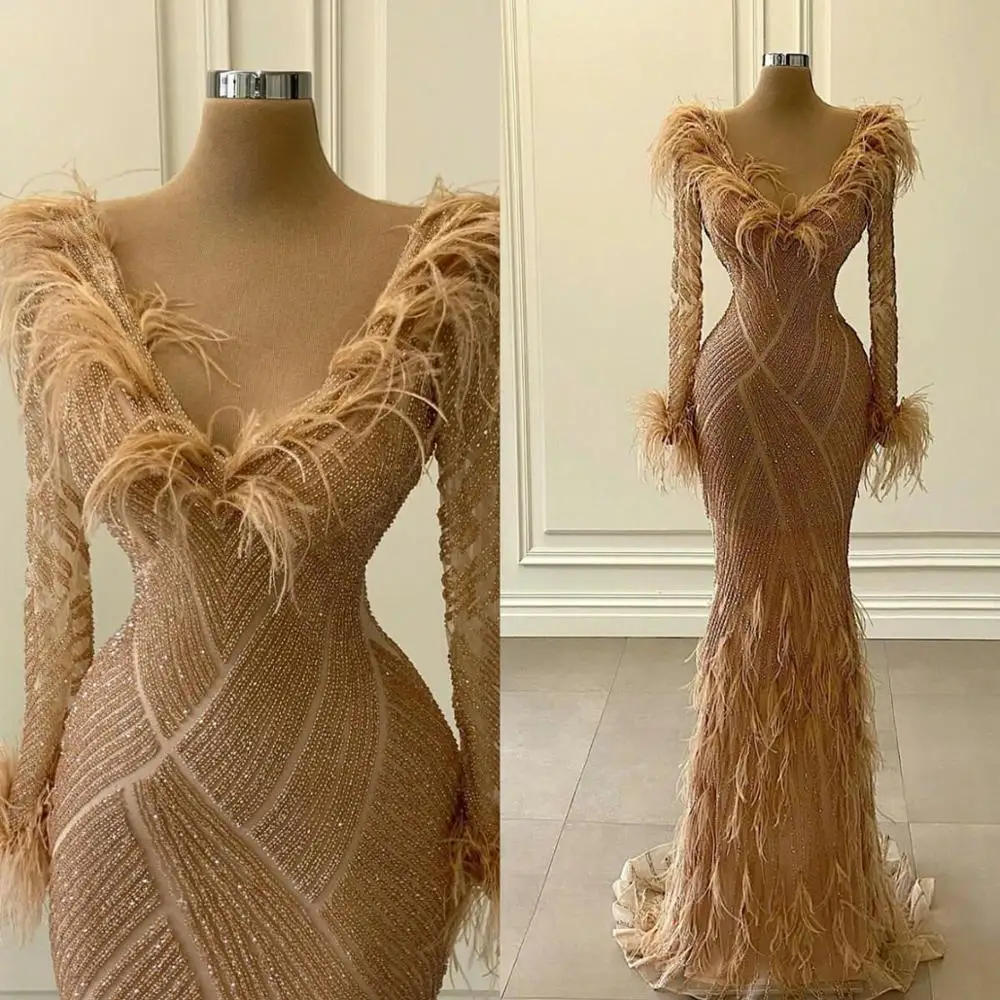 

Великолепные Выпускные платья-русалки с перьями 2021, Африканское вечернее платье с V-образным вырезом и длинным рукавом, блестками, Формальные платья, платья для невесты