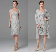 High Quality Two Piece Mother of the Bride Dress Square Knee Length Chiffon Lace Bridal Party Gown Silver Robe De Soiree Mariage
