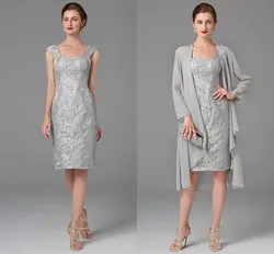 High Quality Two Piece Mother of the Bride Dress Square Knee Length Chiffon Lace Bridal Party Gown Silver Robe De Soiree Mariage