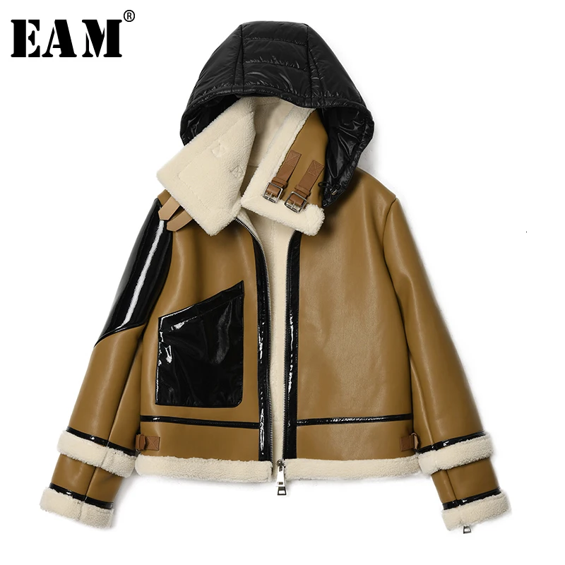 [EAM] Свободная куртка из искусственной кожи с разрезом большого размера, Новое Женское пальто с капюшоном и длинным рукавом, модное осенне-зимнее пальто 1H949