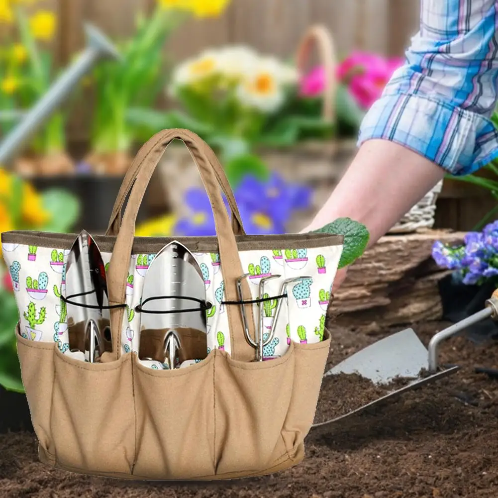 Garden Tool Storage Bag Cactus Pattern Canvas Outdoor Multi Pocket Gardening Tool Organizer Tote Bag Carrier