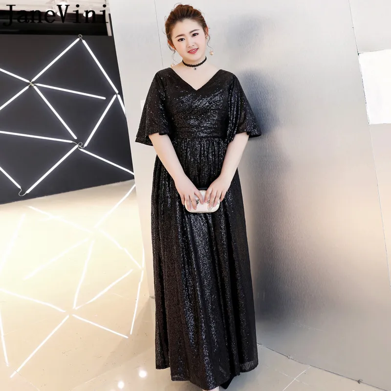 

JaneVini Plus Size Womens Evening Gown Dresses Bling Sequined Black Formal Dress Half Sleeve Party Wear Gala Jurken Dames 2019
