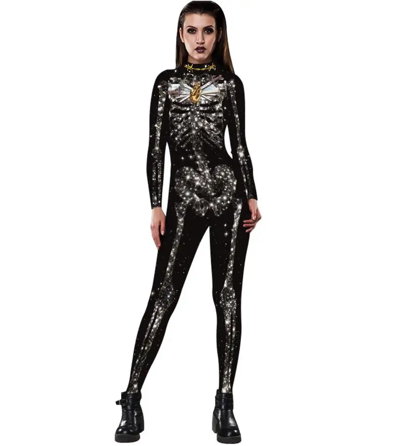 Scary Halloween Skeleton Print Costume Adult Women Horror Carnival Joking Catsuit Jumpsuit Long Sleeves Bodysuit For Lady Girls