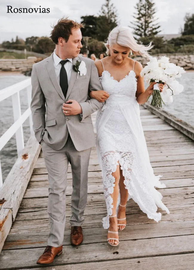 

Boho Lace Wedding Dresses 2020 Split Long V Neck Beach Chiffon Appliques Backless Sleeveless Bride Gowns Vestido de noiva
