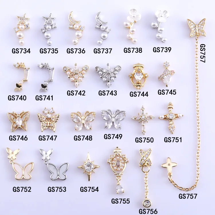 10pcs Nail Art Zircon Decorations Nail Jewelry Metal Pearl Sticker Diamond Star Moon Shell Flower Chain Butterfly