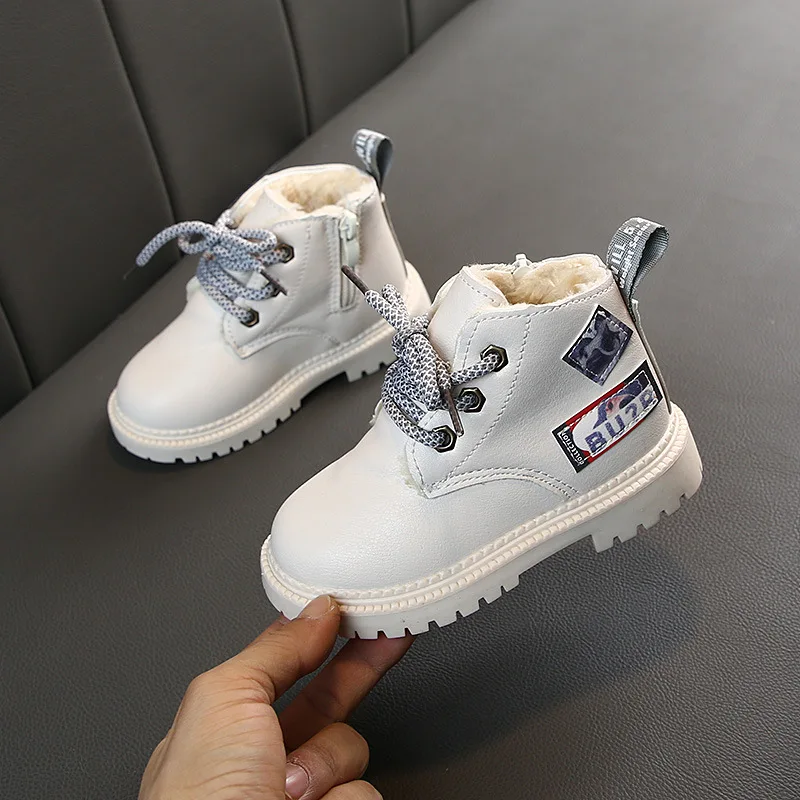 beige Autumn/Winter Plush Children boots Boys Girls Martin Shoes Fashion Brand Soft Leather Warm Kids Boots - Цвет: beige