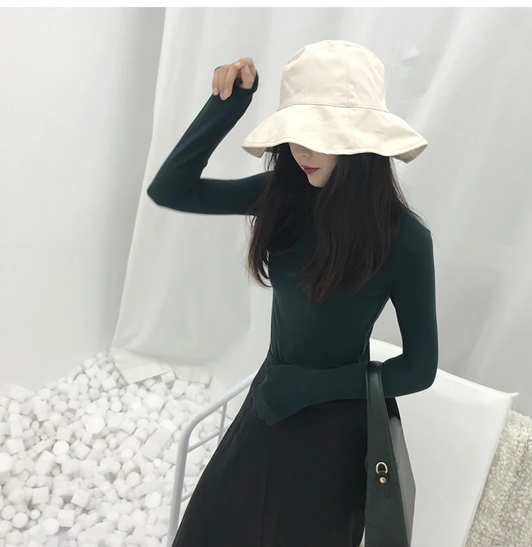 Женские однотонные футболки с высоким воротом, Harajuku, зимняя футболка, облегающая одежда, рубашки с длинным рукавом, обтягивающие хлопковые V688