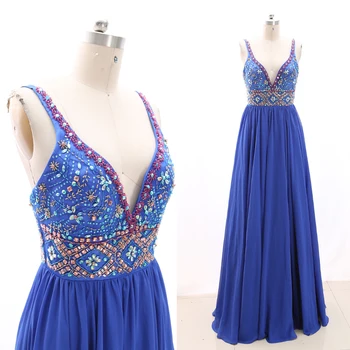 

MACloth Blue Sheath V Neck Floor-Length Long Crystal Tulle Prom Dresses Dress M 268692 Clearance