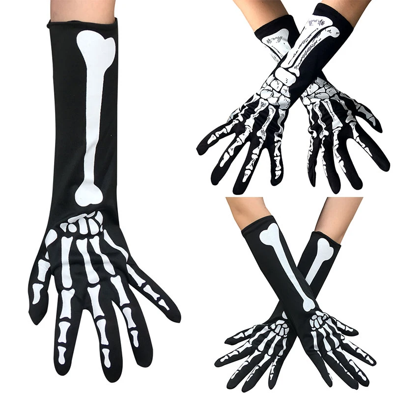 

New Arrival Men Women Medium Length White Skeleton Gloves Halloween Cosplay Costume Accessories Ghost Bone Gloves Mittens