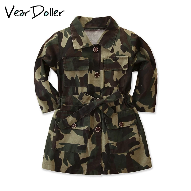 

VearDoller Girls Trench Outwear Autumn Long Sleeve Kids Camouflage Jacket with Pocket Casual Single Breasted Children's Coat