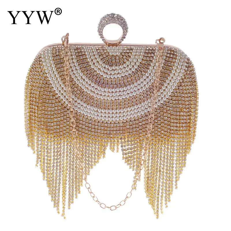 Мини Rhinestone кольцевой Зажим кошелек свадебная сумочка клатч с кисточками сумка с пластиковым жемчугом Золото Серебро Bolso Mujer