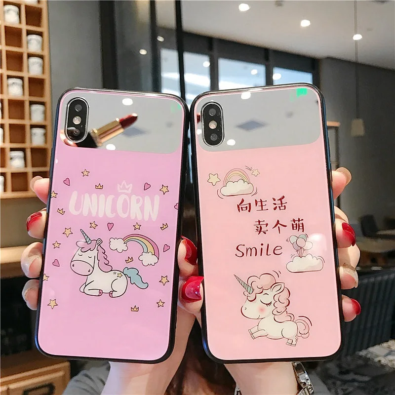 

For iphone X XS Max XR Mirror Cartoon Unicorn Phone Case 11 PRO Max Cartoon pony anti-fall phone cases 8 7 6 S Plus phone cover