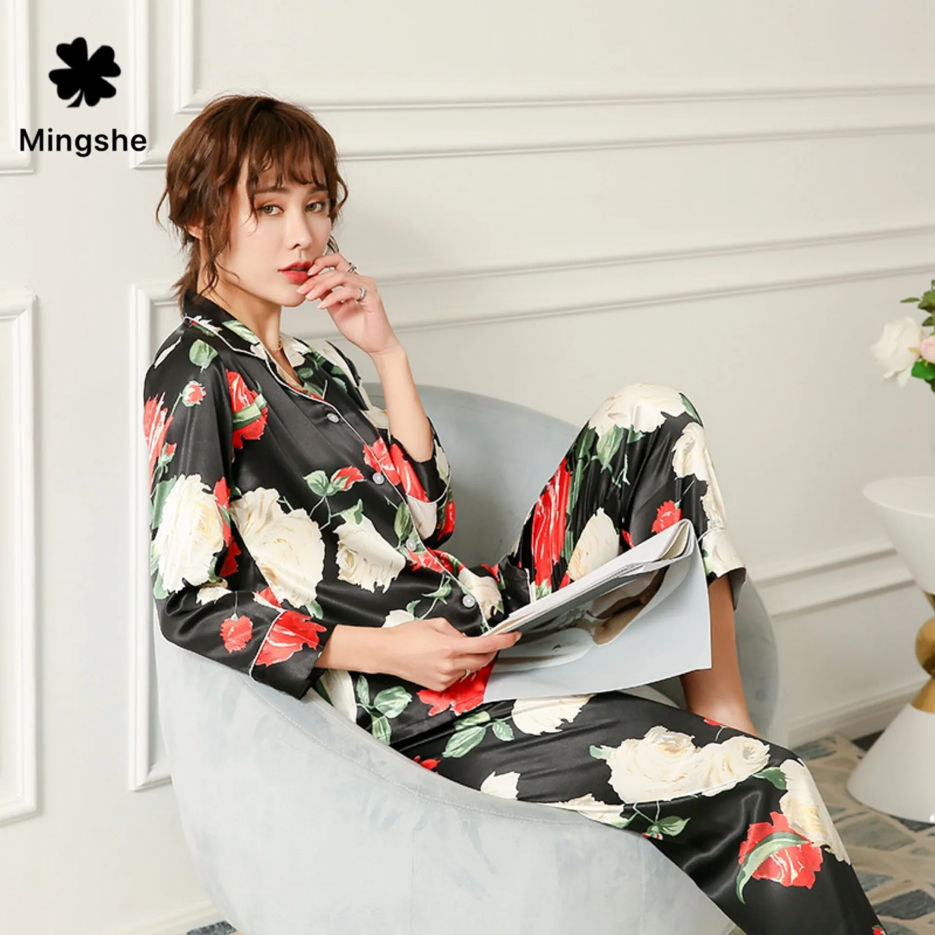 

MS Summer ladies fancy flower print pajamas suit fashion silk man-made two-piece shirt + pants pajamas comfortable home service