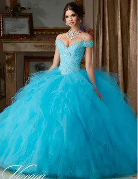 

V-Neck Blue Quinceanera for Girls 15 Years Luxury Beaded Applique Ball Gown vestido 15 anos debutante mother of the bride dress
