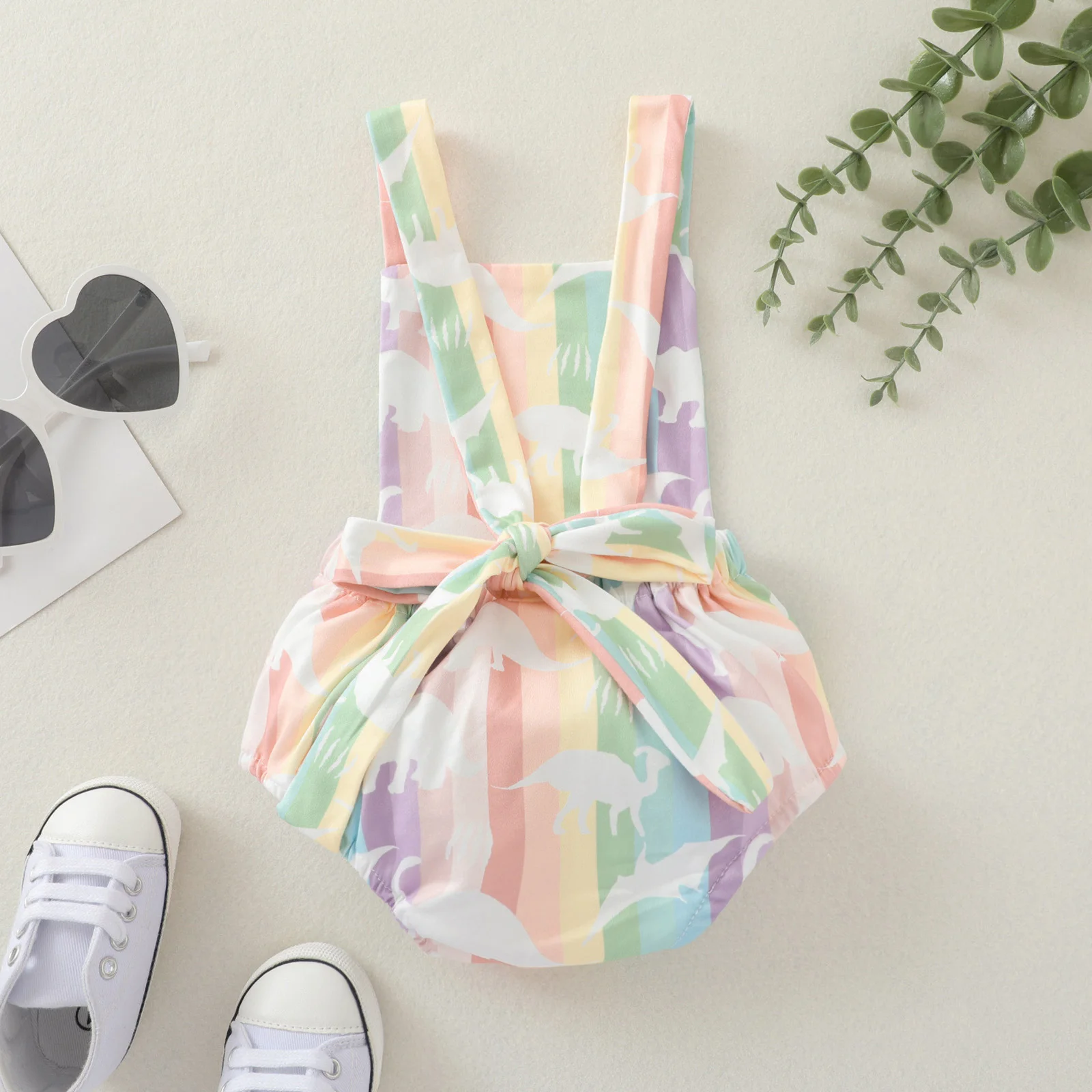 

Baby Dinosaur Print Short Romper, Sleeveless Square Collar Backless Sling Jumpsuit For Summer 2021 New Fashion