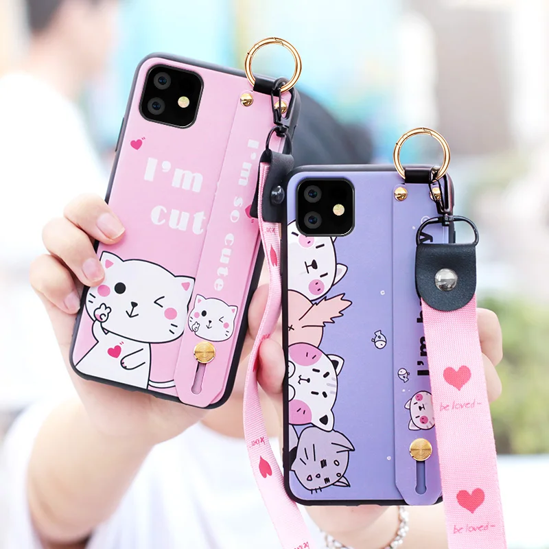 Для iphone 11 pro max милый поросенок ремешок на запястье чехол для телефона для iphone 11 pro мультфильм кошка силиконовый кролик задняя крышка+ ремень