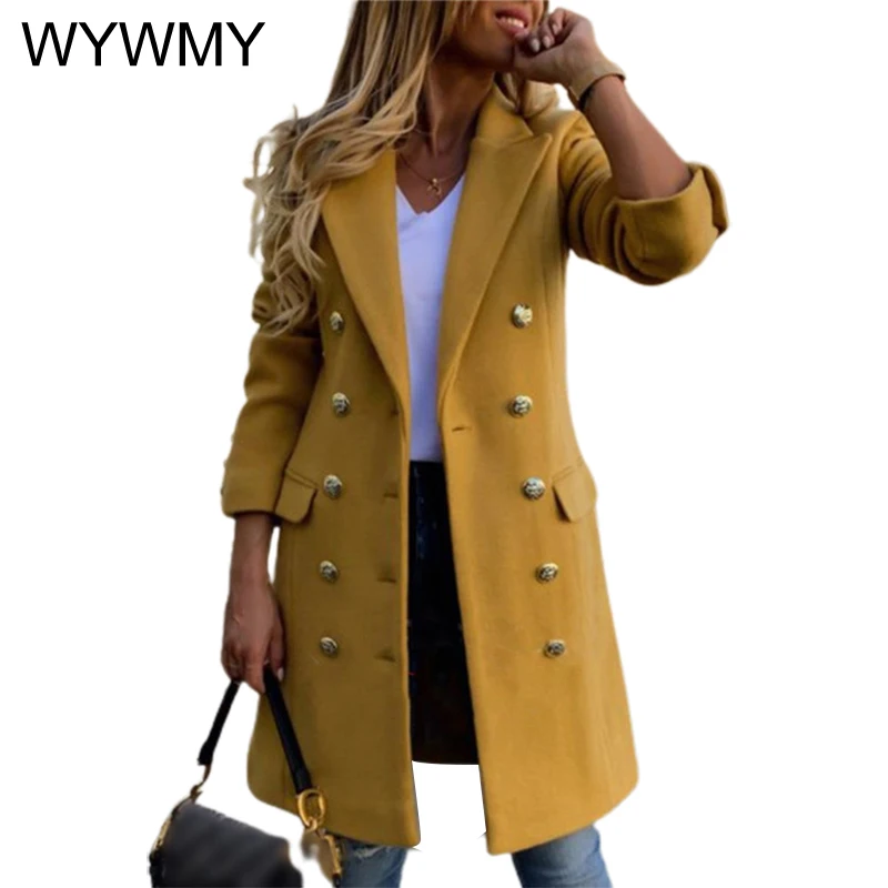 

WYWMY Fashion Blended Wool Coat for Woemn Spring Autumn New Lapel Slim Woolen Trench Coats Elegangt Double Breasted Long Jacket