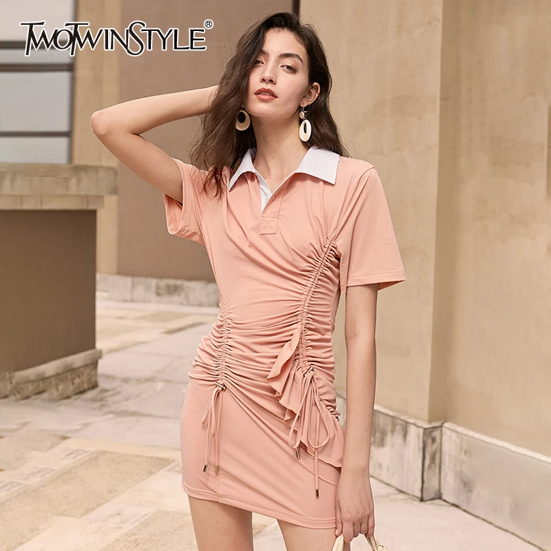 TWOTWINSTYLE Patchwork Ruched Women's Dress Lapel Collar Short Sleeve Drawstring Lace Up Elegant Dresses Female 2020 Summer New TWOTWINSTYLE Patchwork Ruched Women's Dress Lapel Collar Short Sleeve Drawstring Lace Up Elegant Dresses Female 2020 Summer New
