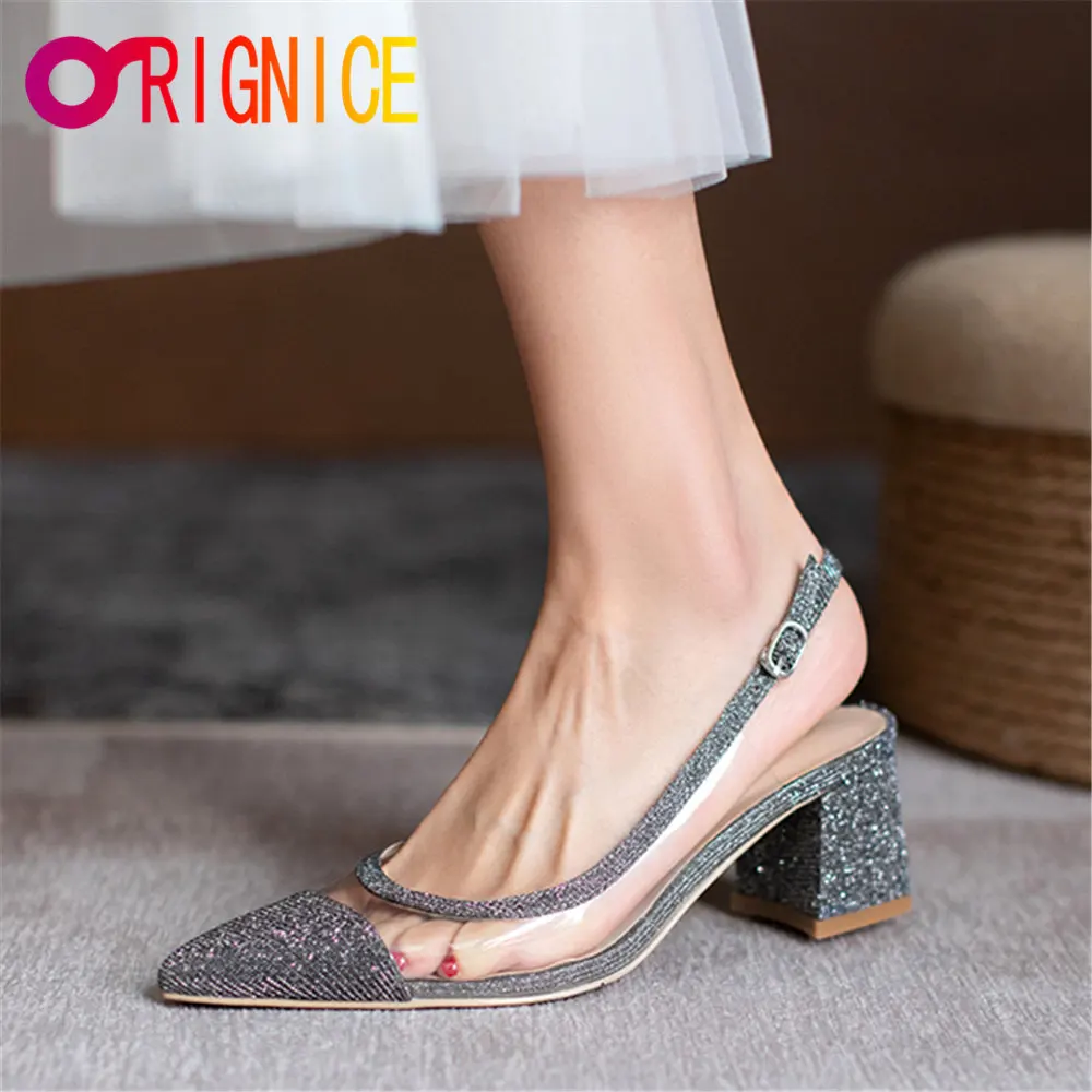 

Orignice Womens Bling Sequined Cloth Strap Pumps Fashion Square High Heels Spring Summer Pointed Toe Slingbacks Dress Shoes