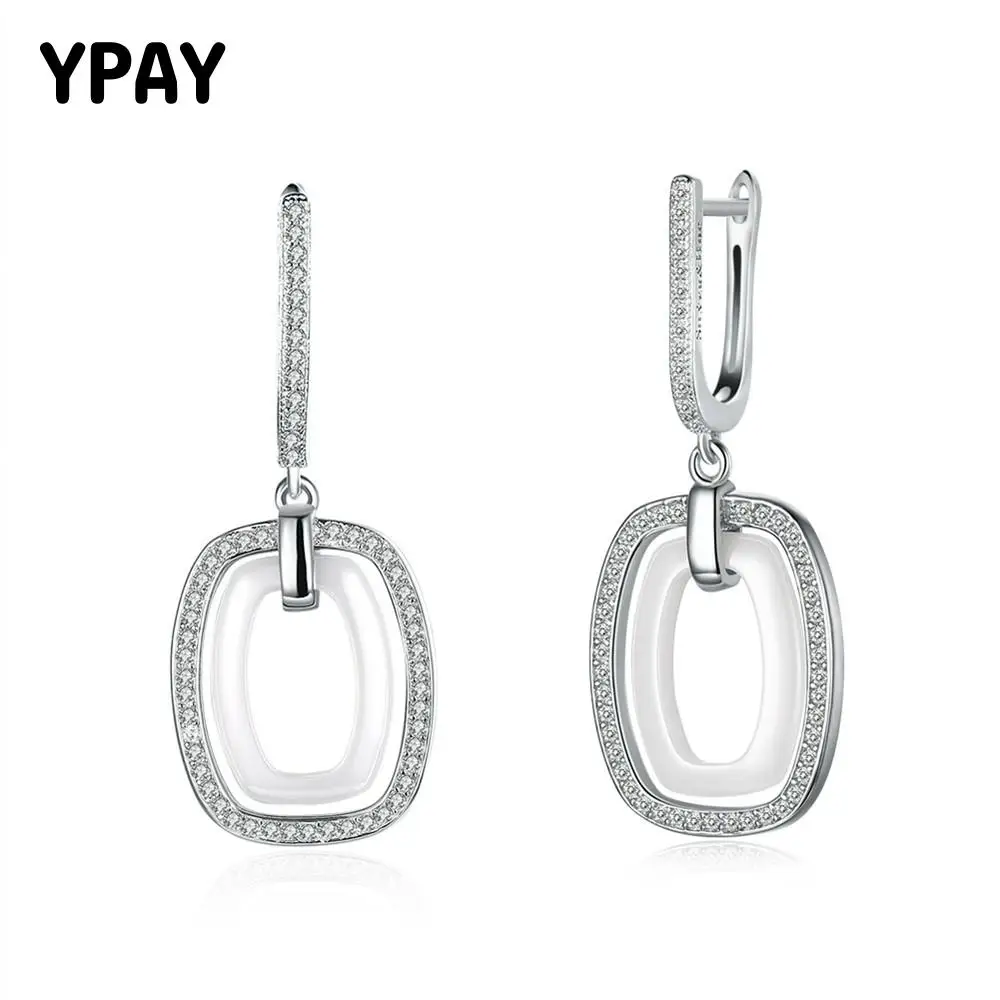 

YPAY 100% Real 925 Sterling Silver Drop Earrings With White Rectangle Ceramic Vintage Brincos Zirconia Fine Jewelry Gift YME075