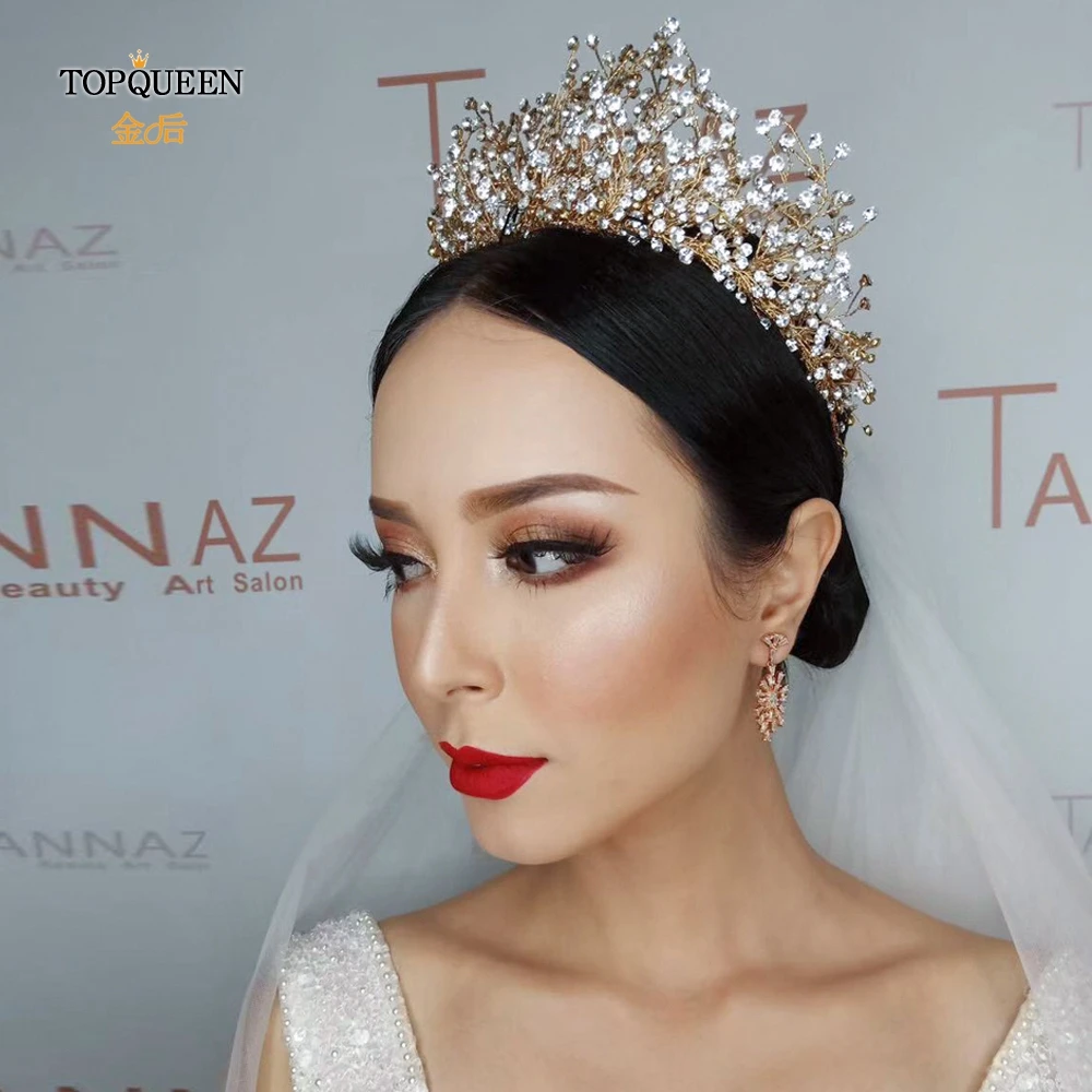 TOPQUEEN HP193-G золотые свадебные диадемы и короны из горного хрусталя Свадебная повязка на голову роскошные свадебные головные украшения для волос