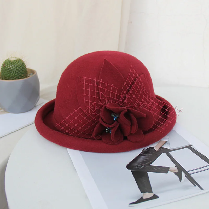 Wine Red FS Винтаж Шерсть Осень Шапки для женщин Элегантный фетр Fedora партии Формальные Дерби шляпа черный, серый цвет Chapeau Femme - Цвет: Wine Red