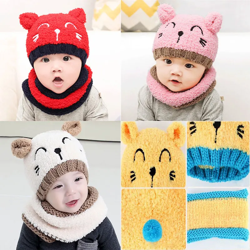 

Toddler Infant Baby Kids Winter Boy Hats and Girl Warm Hat with Hooded Fur Scarf Set Ear Flap Knitted Cap Gift Suit For 1-3 T