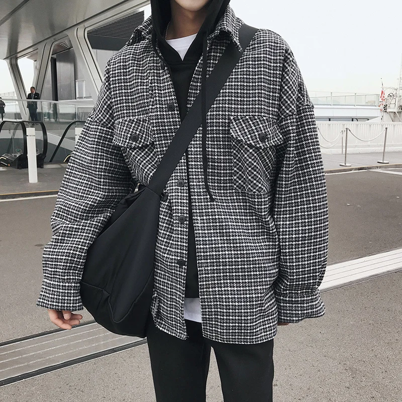 

Nice Pop Loose Houndstooth Loose Shirt Korean Version Of The Trend Personality Large Size Black / Light Brown M-XL Free Postage