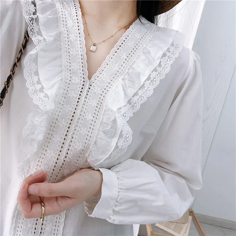 lace lacing hollow out v neck long sleeve white shirt vintage loose ...